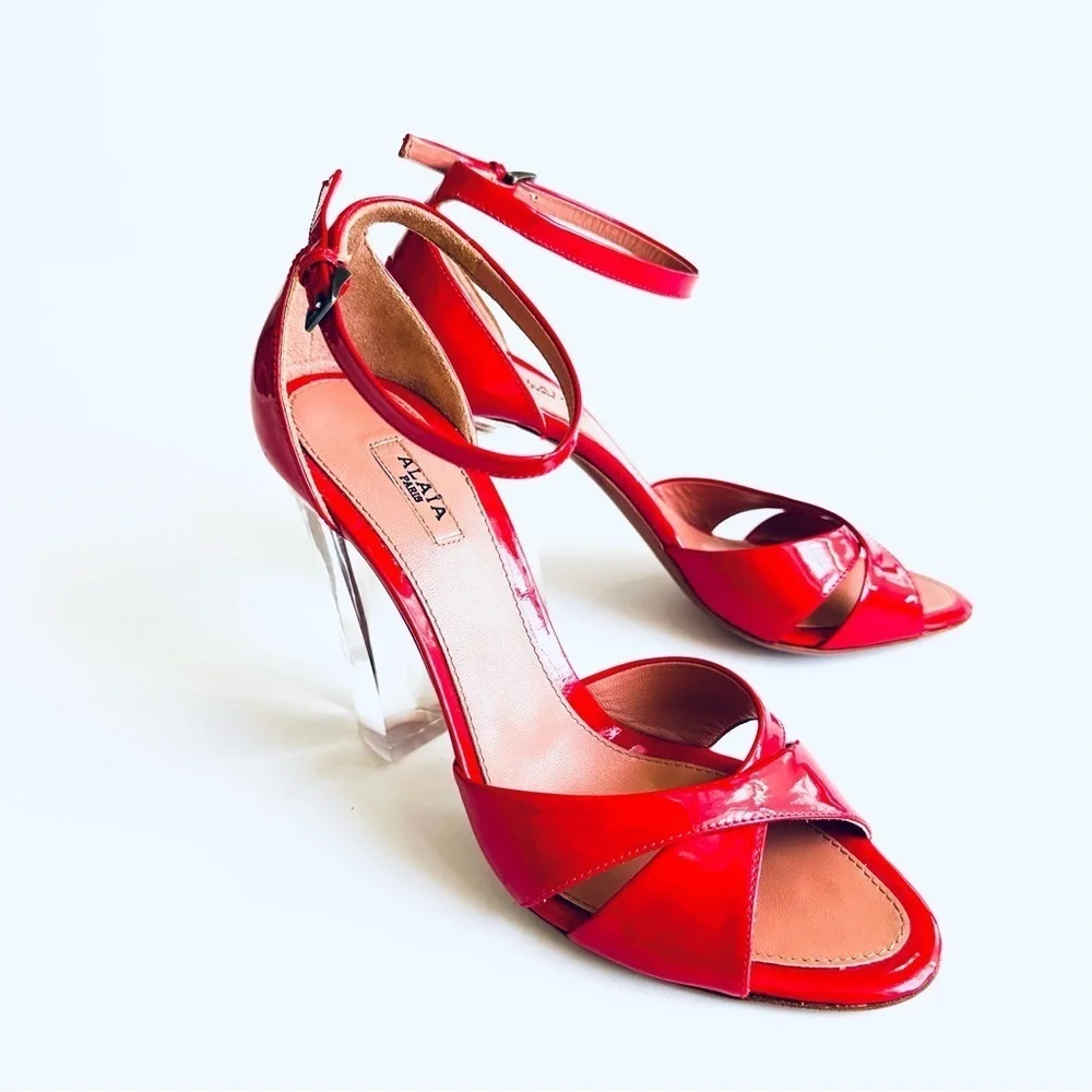 Alaia Red Patent Leather Luxury HTF Sandal w/ Clear-Block Heel Ankle-Strap 37.5 - Picture 13 of 16